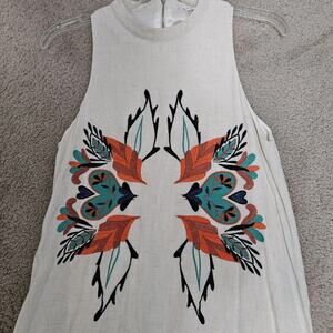 THML Anthropologie Embroidered Boho Tribal Dress Size Small Ivory Linen Blend